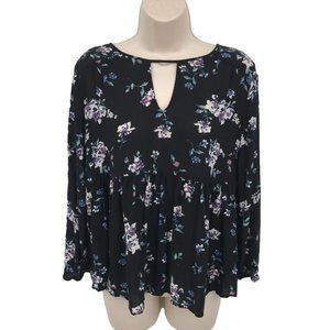 Chloe & Katie Women's Black Floral Long Sleeves Peplum Blouse Top Size Large